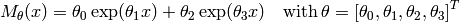 M_\theta(x) = \theta_0 \exp(\theta_1 x) + \theta_2 \exp(\theta_3 x)
\quad \text{with} \, \theta = [ \theta_0, \theta_1, \theta_2, \theta_3 ]^T